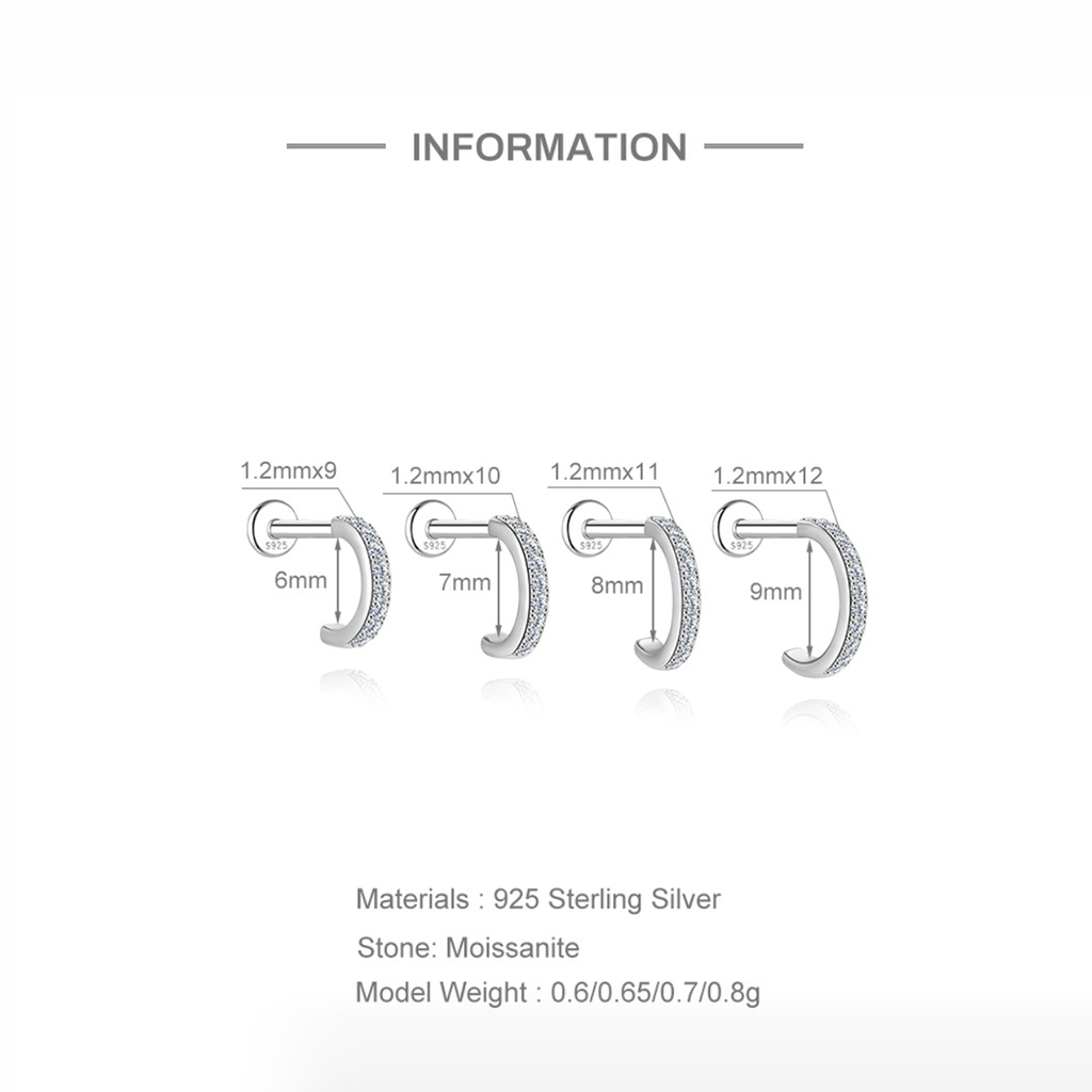 Sterling Silver Moissanite Open Hoop Screw-Back Cartilage Earrings