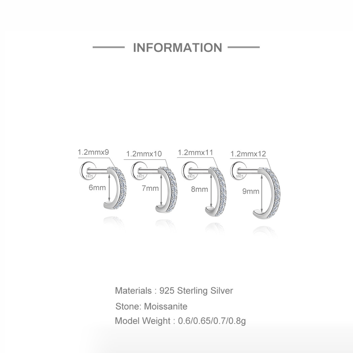 Sterling Silver Moissanite Open Hoop Screw-Back Cartilage Earrings