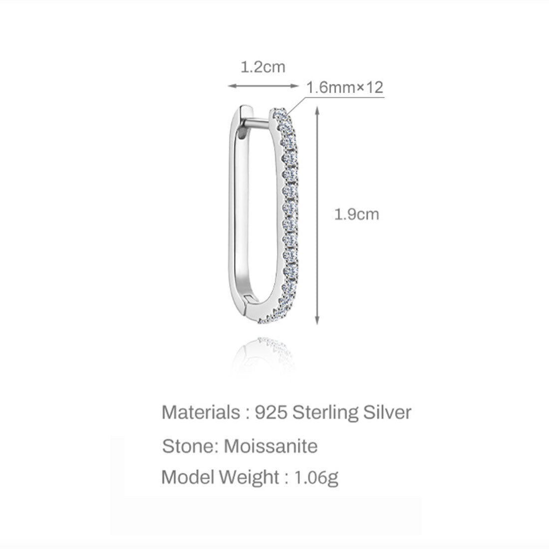 Silver hoop earring with dimensions and material details on a white background