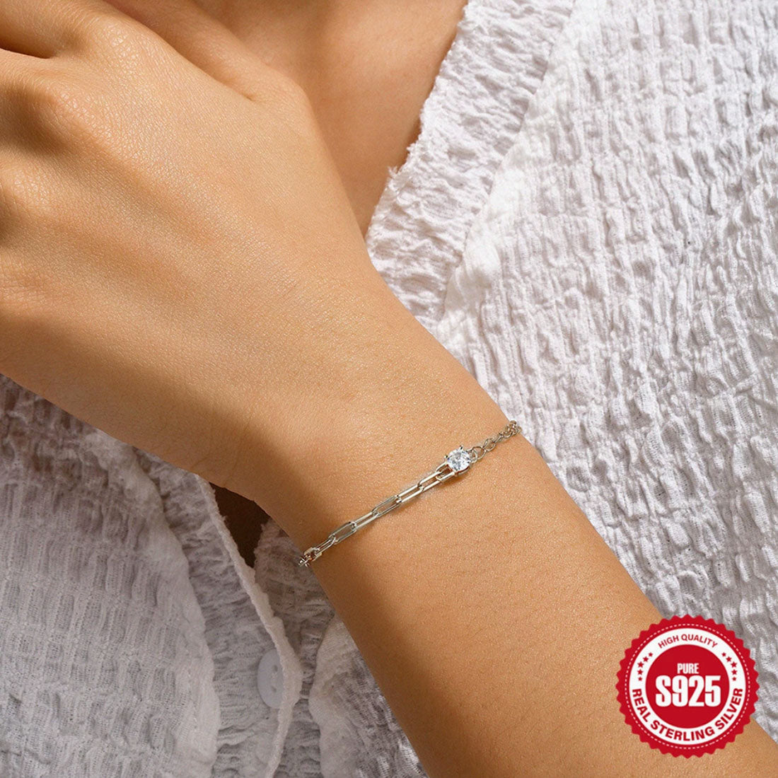 Sterling Silver Paperclip Chain Bracelet with CZ