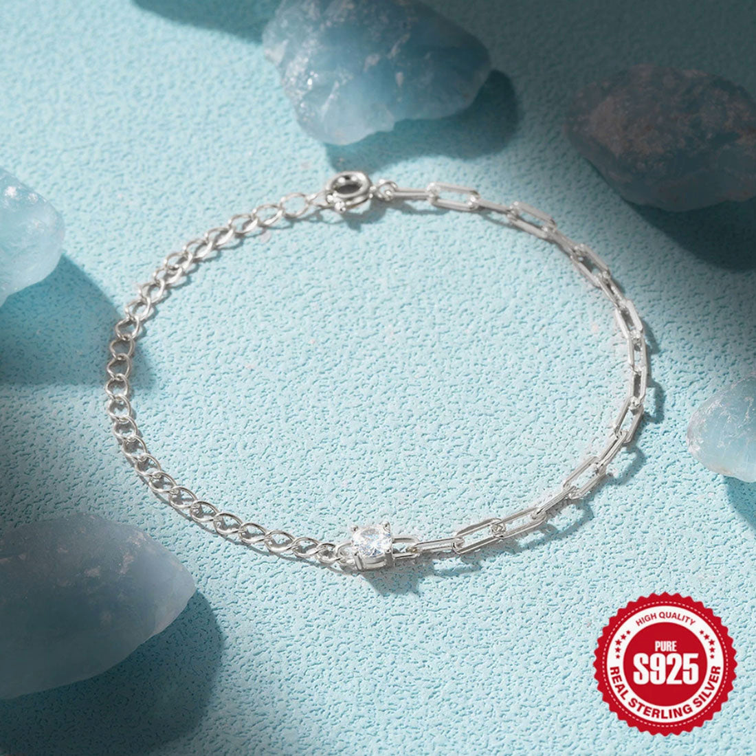 Sterling Silver Paperclip Chain Bracelet with CZ